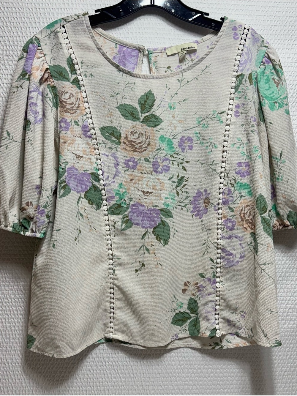 Floral Puff Sleeve Blouse - Cream with Lavender & Green